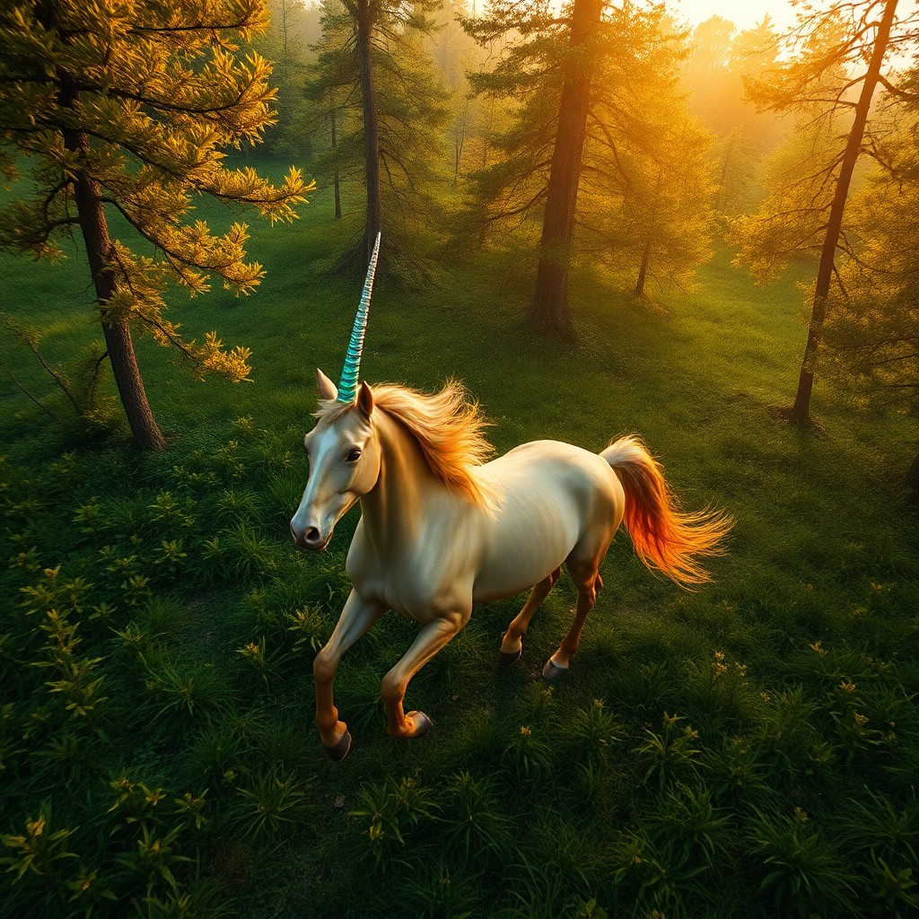 AI generated art for prompt: A mythical creature with an iridescent horn gallops through a verdant forest at dusk, casting a capt