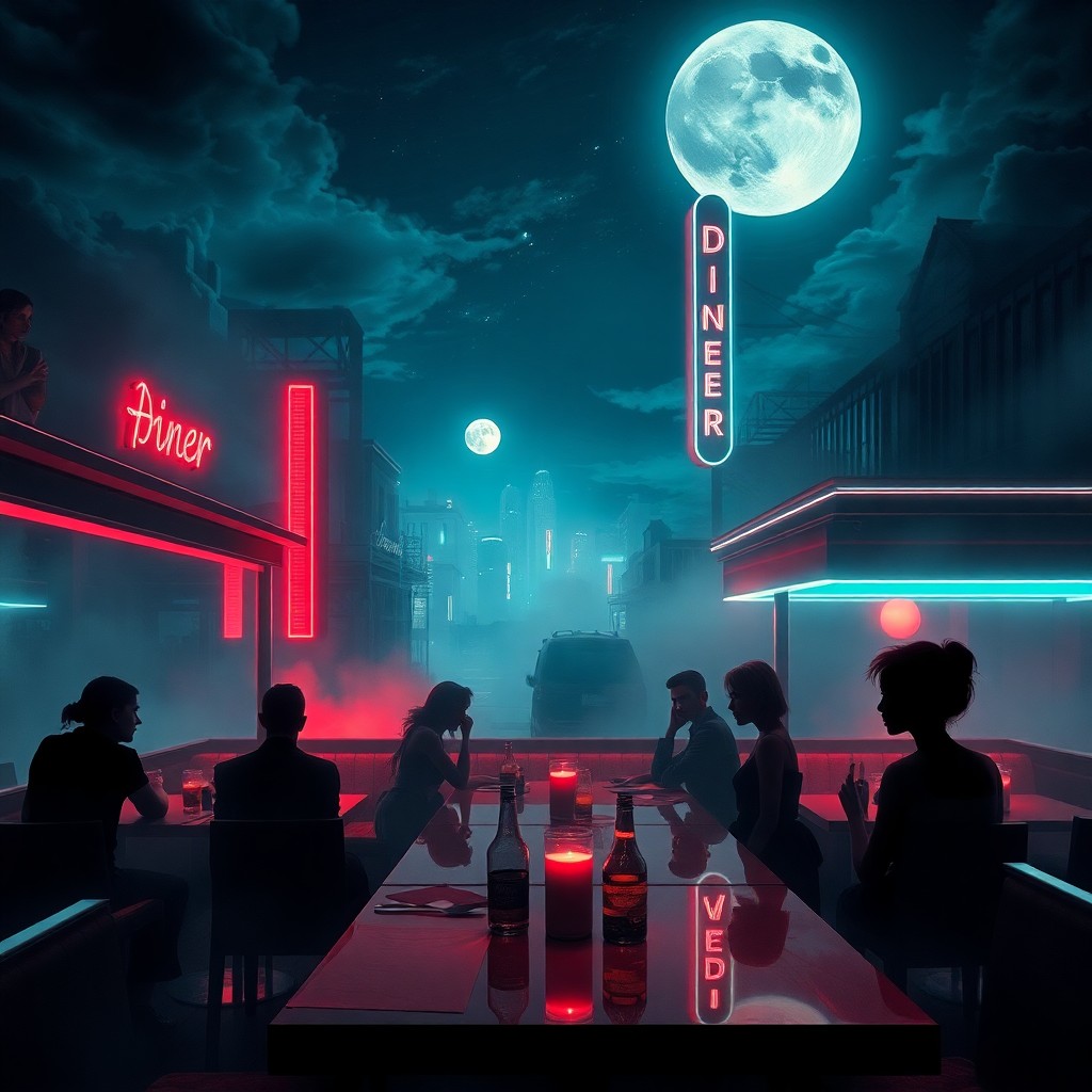 AI generated art for prompt: An enigmatic digital artwork blends surreal landscapes with an ethereal diner scene, evoking a moonl