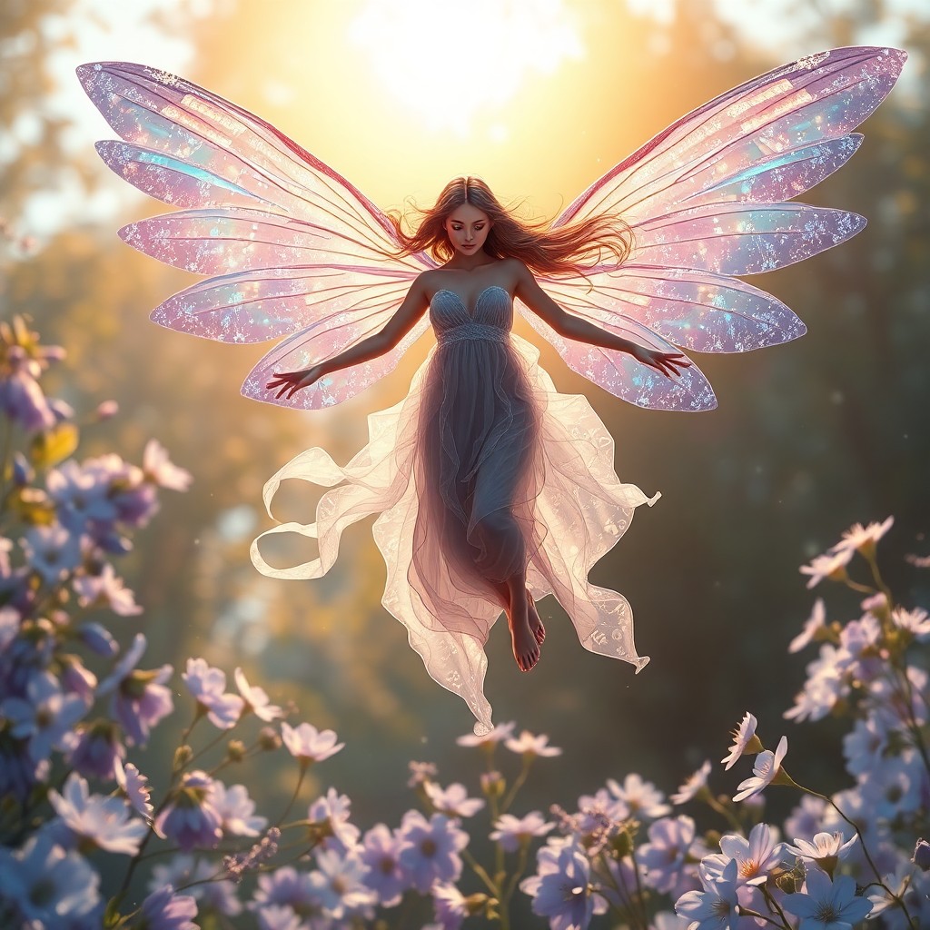 AI generated art for prompt: A mesmerizing digital artwork captures an ethereal nymph in mid-flight above a dreamlike garden, her