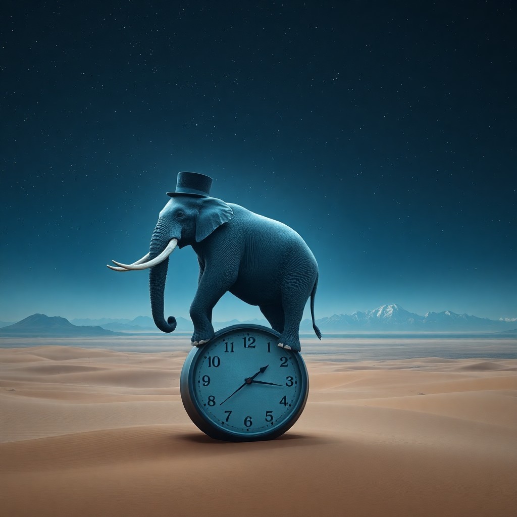 AI generated art for prompt: A dreamlike digital artwork depicting an imposing elephant perched on a floating timepiece in an exp