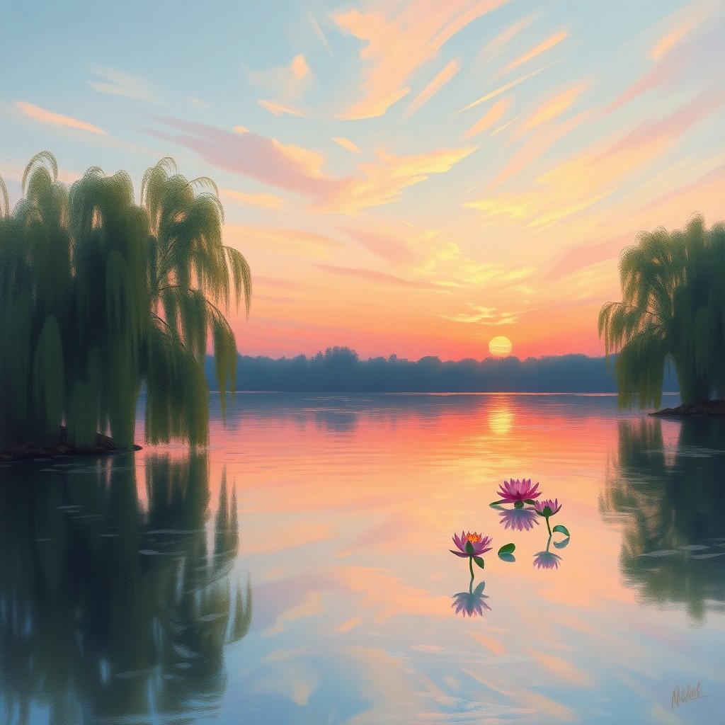 AI generated art for prompt: Envision an impressionistic lakeside vista during twilight, reminiscent of Monet's celebrated "Water