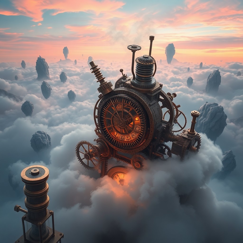 AI generated art for prompt: A captivating digital artwork seamlessly blends an old-world mechanical realm with a surreal dreamsc