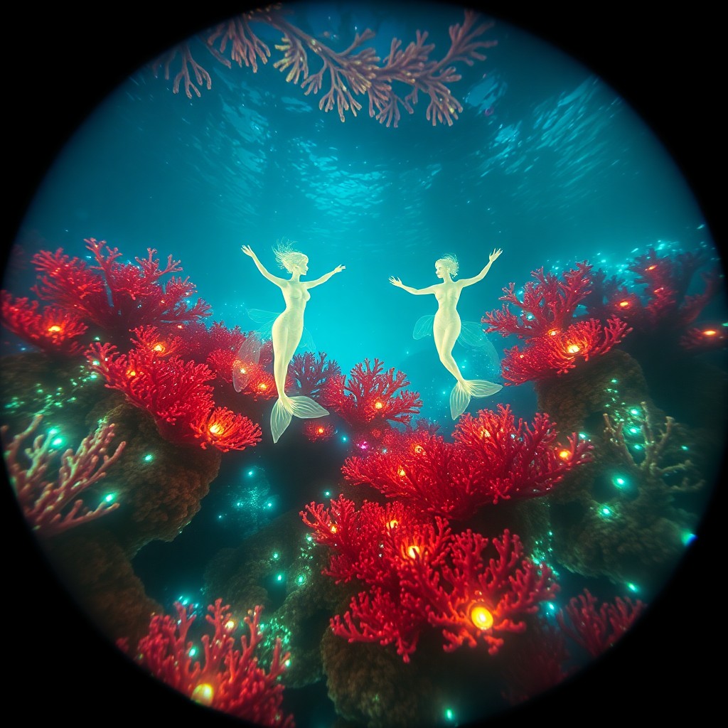 AI generated art for prompt: A surreal digital artwork depicts an enchanting underwater realm aglow with bioluminescent plants, a