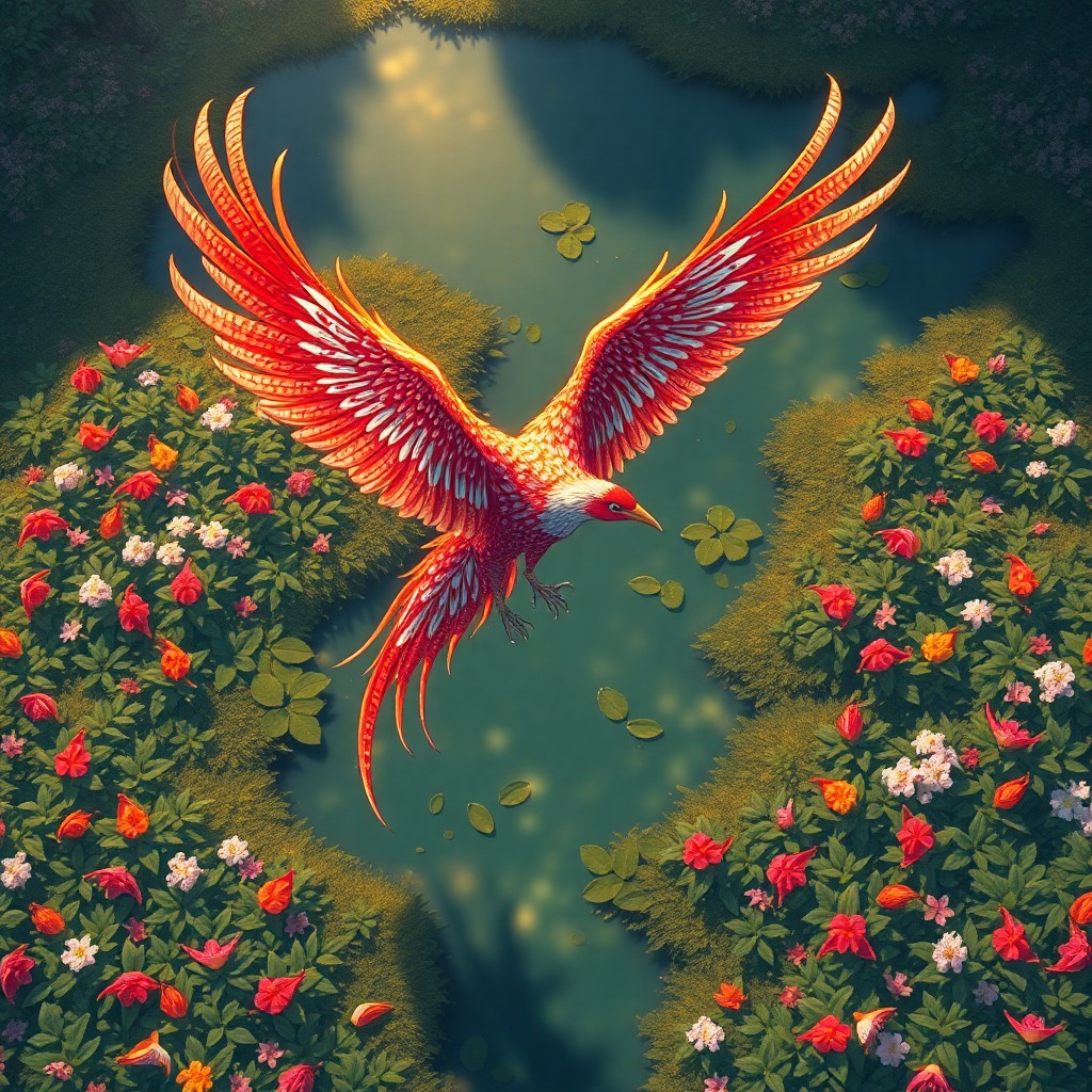 AI generated art for prompt: In an enchanting landscape reminiscent of Studio Ghibli's whimsical worlds, a magnificent phoenix em