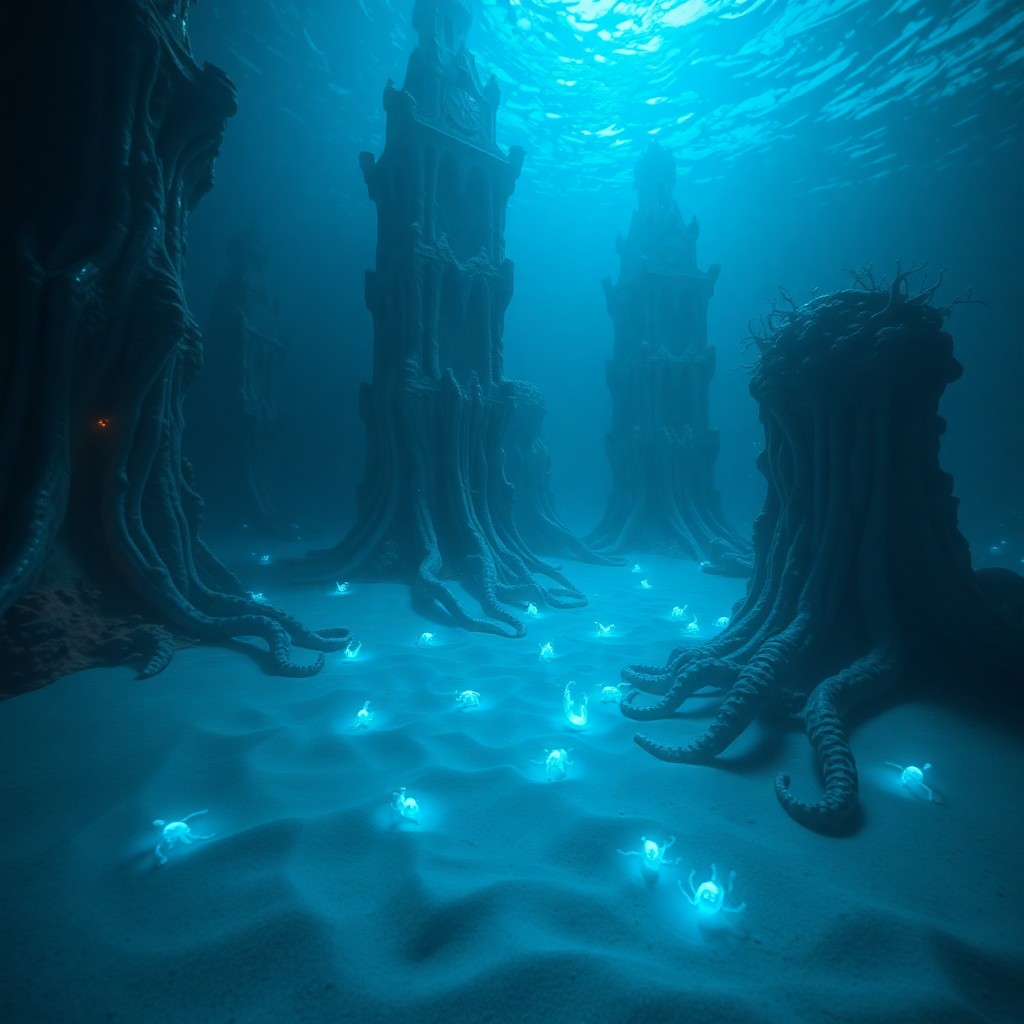 AI generated art for prompt: An enigmatic underwater scene is captured from an octopus's perspective in this captivating digital 