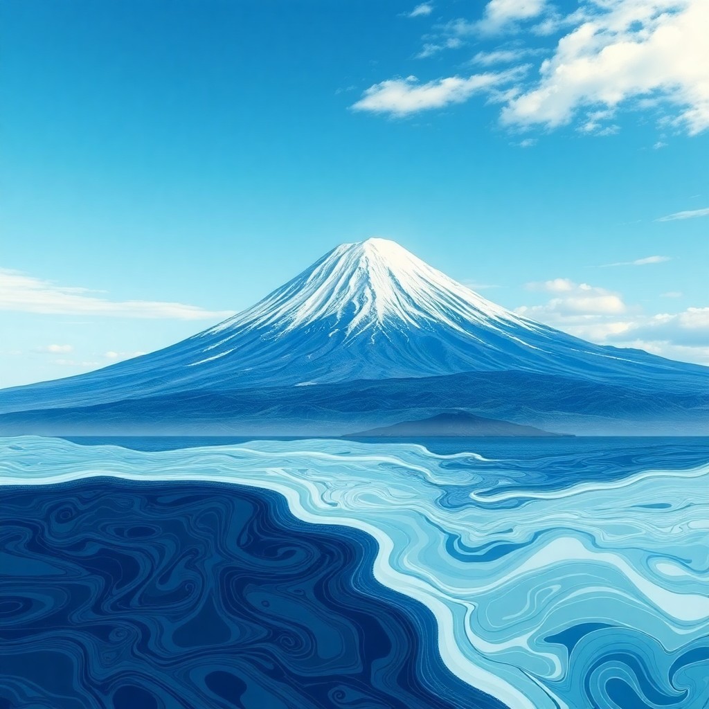 AI generated art for prompt: Imagine an ethereal landscape where Mount Fuji gracefully rises from a serene ocean, its slopes ador