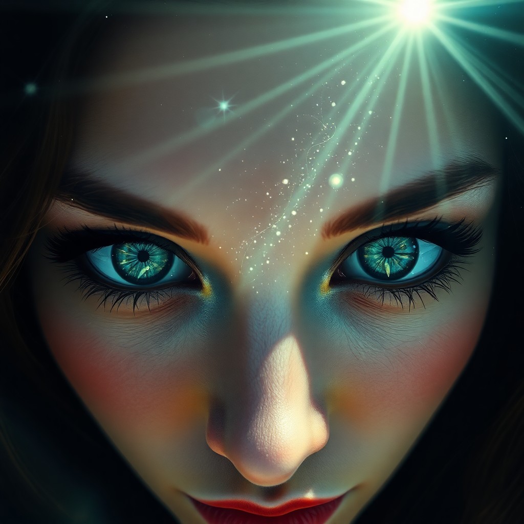 AI generated art for prompt: Imagine an alluring portrait depicting a celestial landscape within the captivating emerald eyes of 