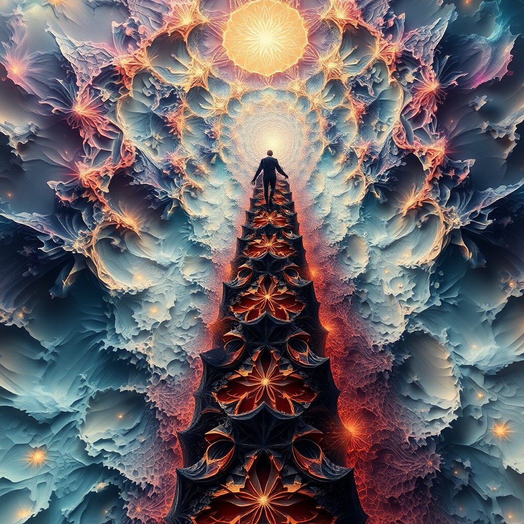 AI generated art for prompt: Craft an image depicting a human figure ascending through layers of intricate fractal landscapes in 