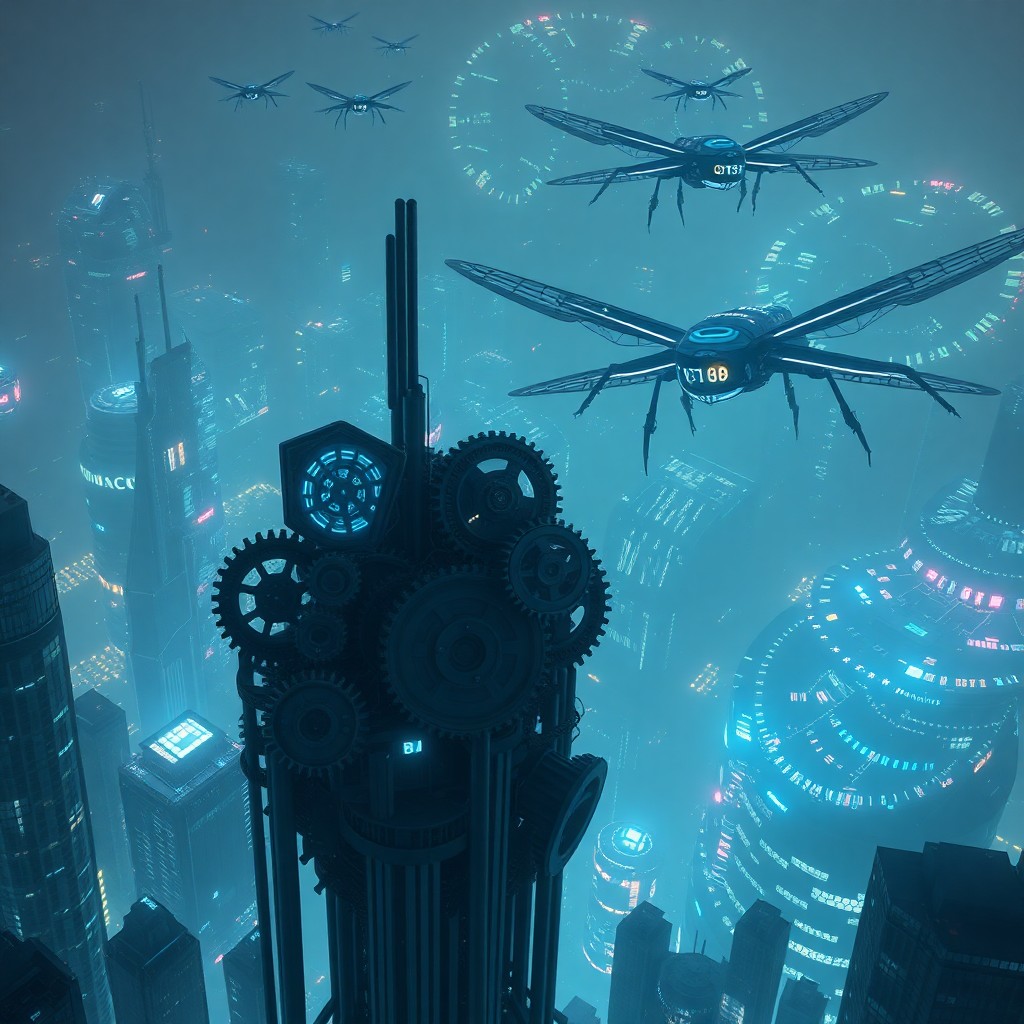 AI generated art for prompt: Create an image of a surreal cyberpunk cityscape viewed from above, with a tower in the foreground w