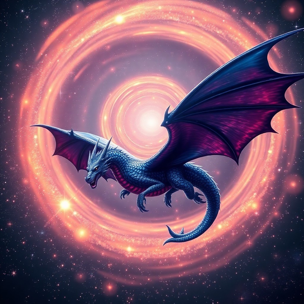 AI generated art for prompt: Envision an awe-inspiring dragon soaring through a mesmerizing vortex of cosmic stardust, its irides