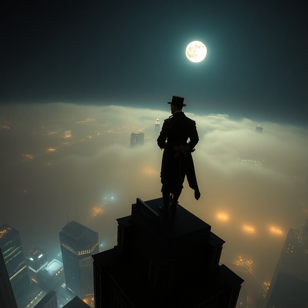 AI generated art for prompt: A Victorian-era figure stands poised at the edge of an immense skyscraper, his silhouette sharply de