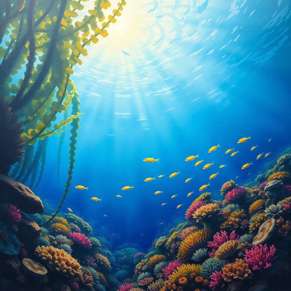 AI generated art for prompt: Envision an underwater impressionist scene where sunlight gently filters through kelp forests, casti