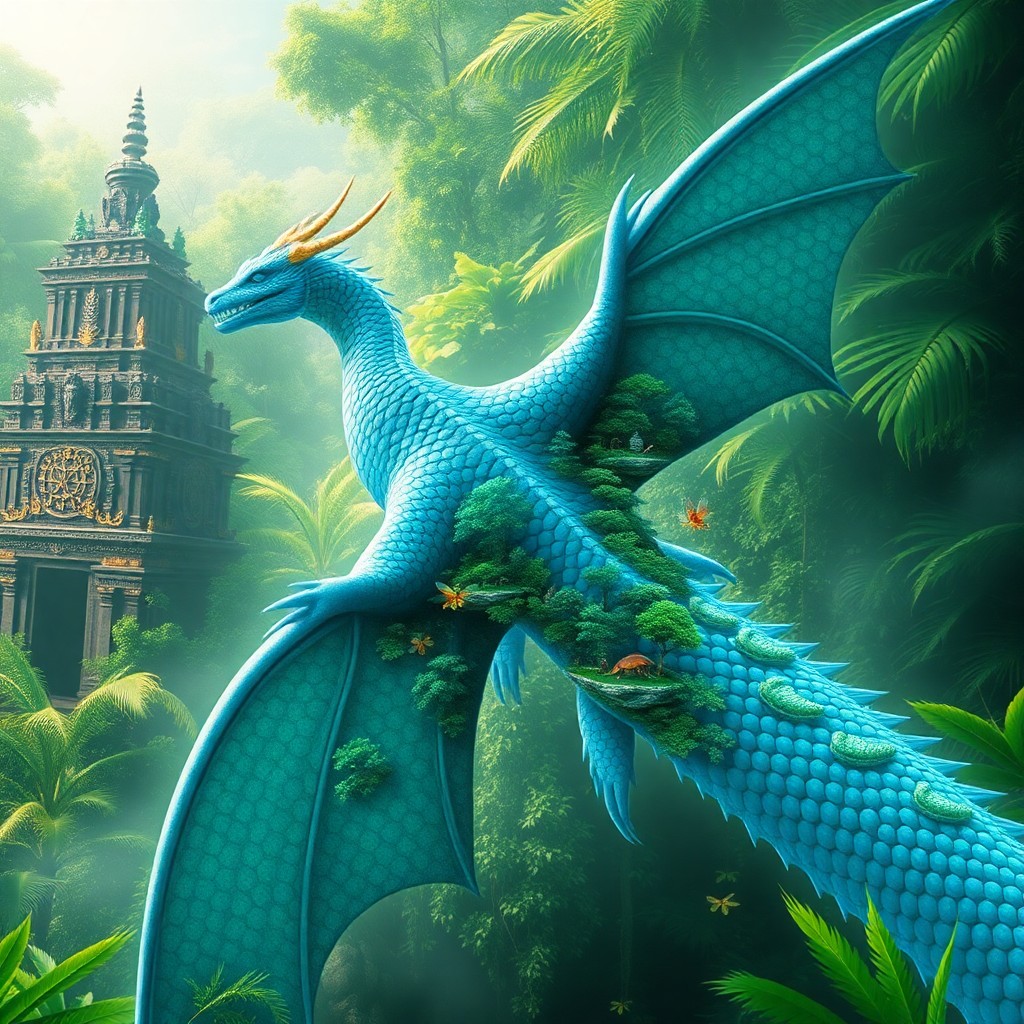 AI generated art for prompt: An enchanting digital artwork depicting a majestic dragon soaring through a verdant tropical jungle,