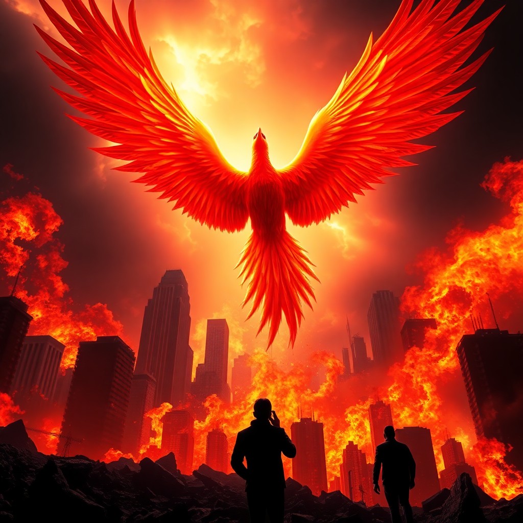 AI generated art for prompt: A digital artwork depicting a majestic phoenix rising from the ashes of a devastating inferno, its r