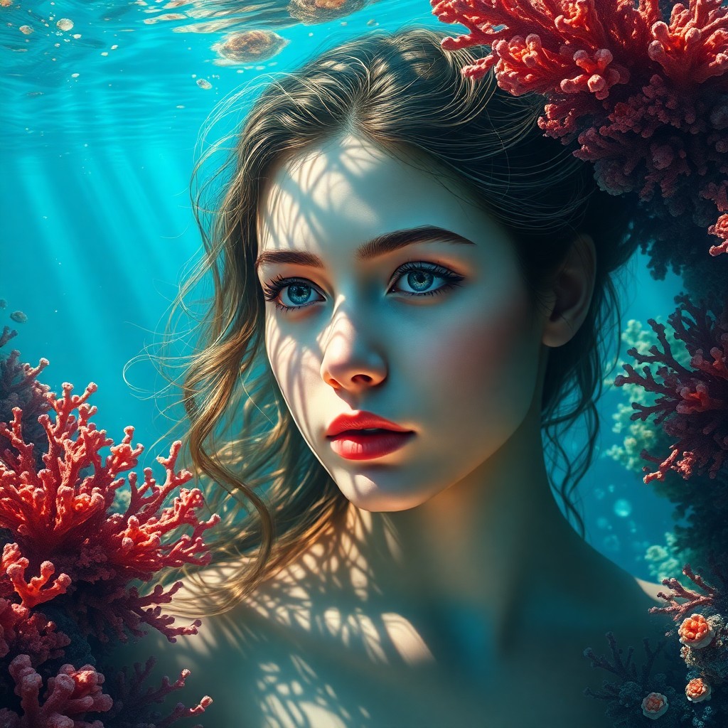 AI generated art for prompt: A mesmerizing portrait intertwines the delicate features of a youthful sea nymph with the intricate 