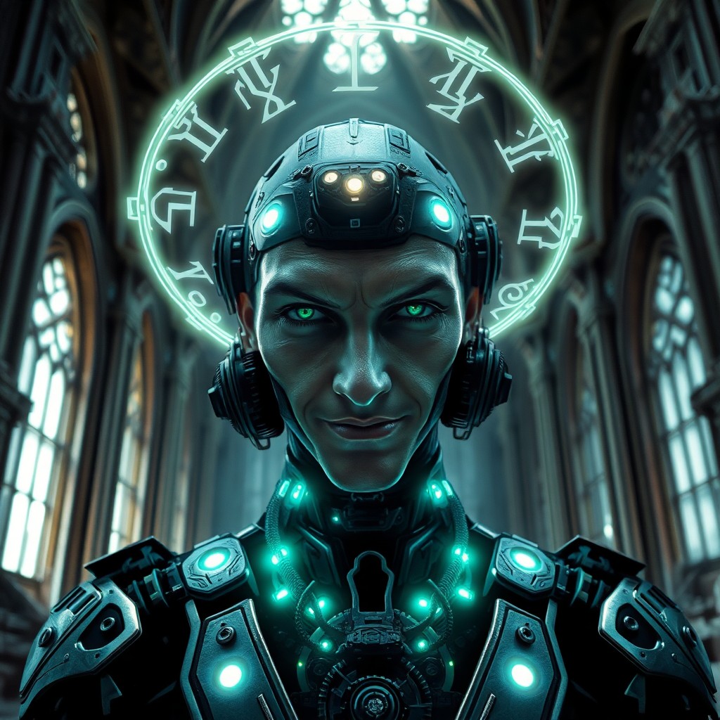 AI generated art for prompt: An enigmatic figure, a cyberpunk sorcerer with piercing green eyes and an intriguing smile, is illum