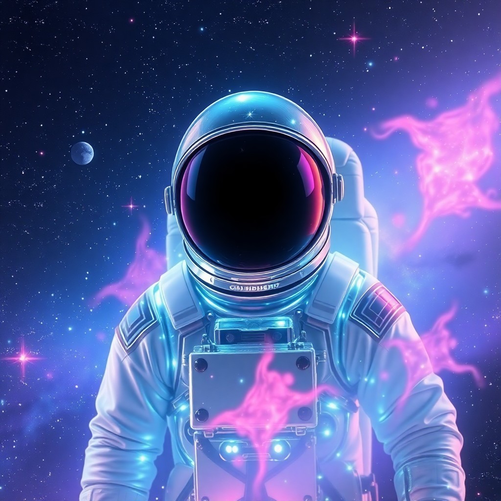 AI generated art for prompt: A surreal digital art portrait depicting an astronaut adrift in a celestial nebula, their luminous s