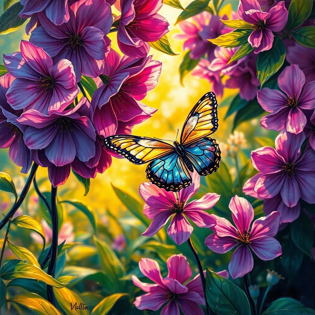 AI generated art for prompt: A surreal oil painting captures a serene garden scene from an insect's unique vantage point. Lush fl