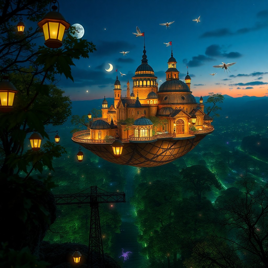 AI generated art for prompt: Craft an image in the whimsical and surreal style of a mystical floating metropolis suspended above 