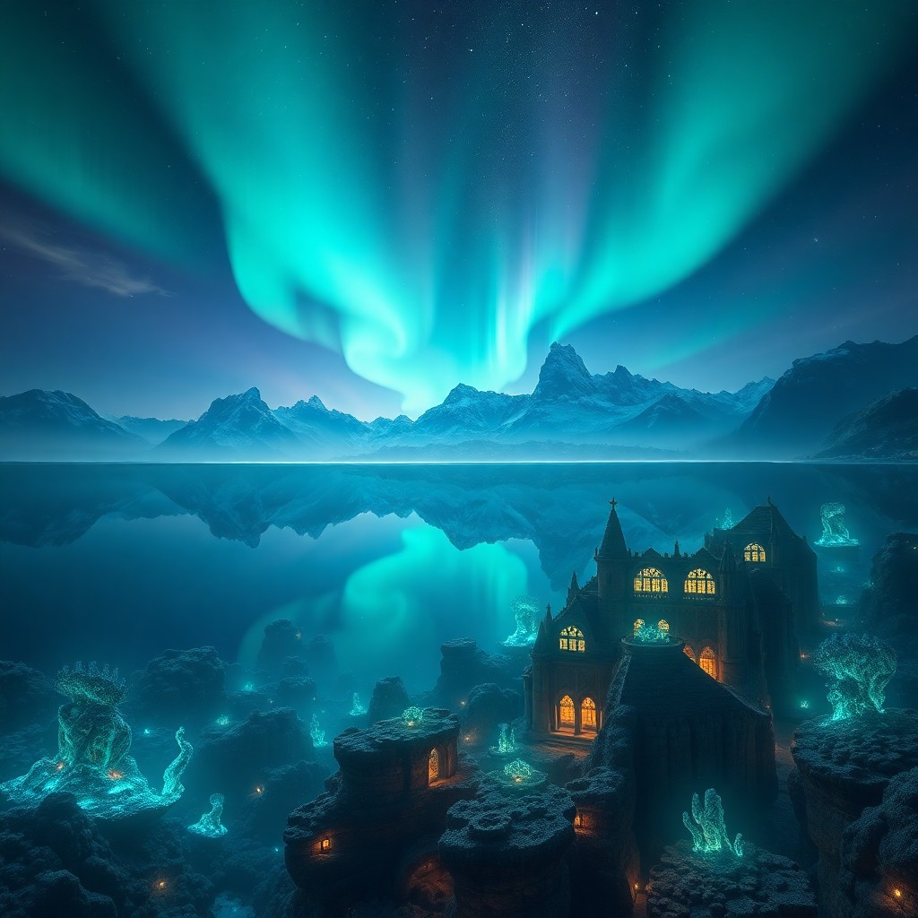 AI generated art for prompt: A digital artwork showcasing a tranquil lake reflecting an awe-inspiring aurora borealis, with tower