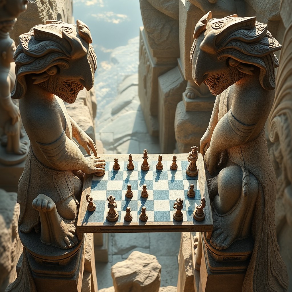 AI generated art for prompt: An otherworldly chessboard hovers between two colossal stone figures adorned with intricate carvings