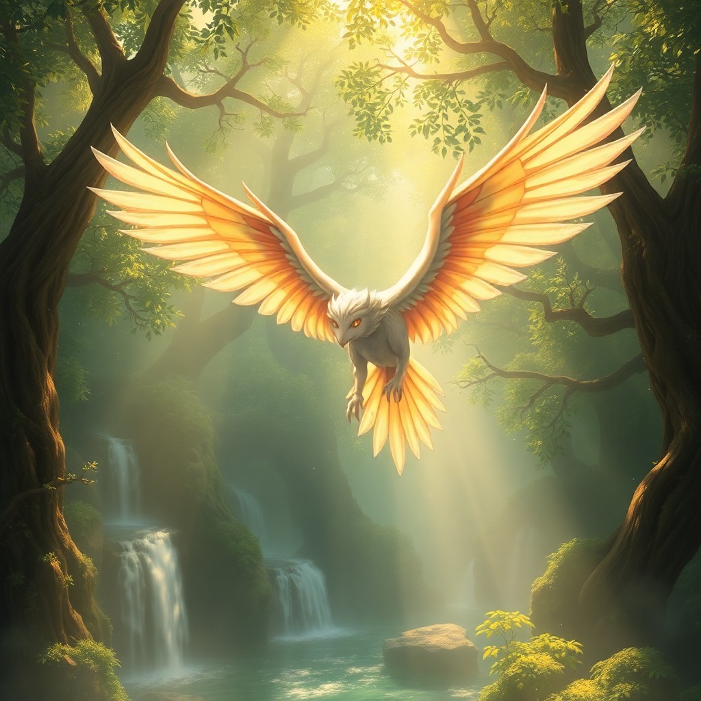 AI generated art for prompt: Imagine an enchanting scene where a majestic griffin soars through a misty, ethereal forest in a whi