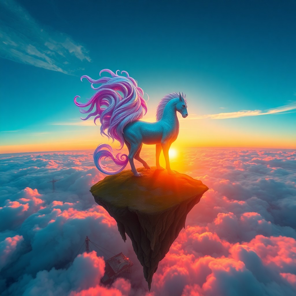 AI generated art for prompt: Envision a mesmerizing dreamscape where an awe-inspiring mythical creature perches on a floating isl