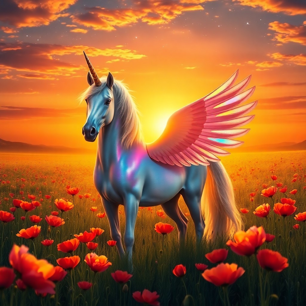 AI generated art for prompt: A majestic unicorn with iridescent wings stands gracefully amidst a vibrant field of poppies in full