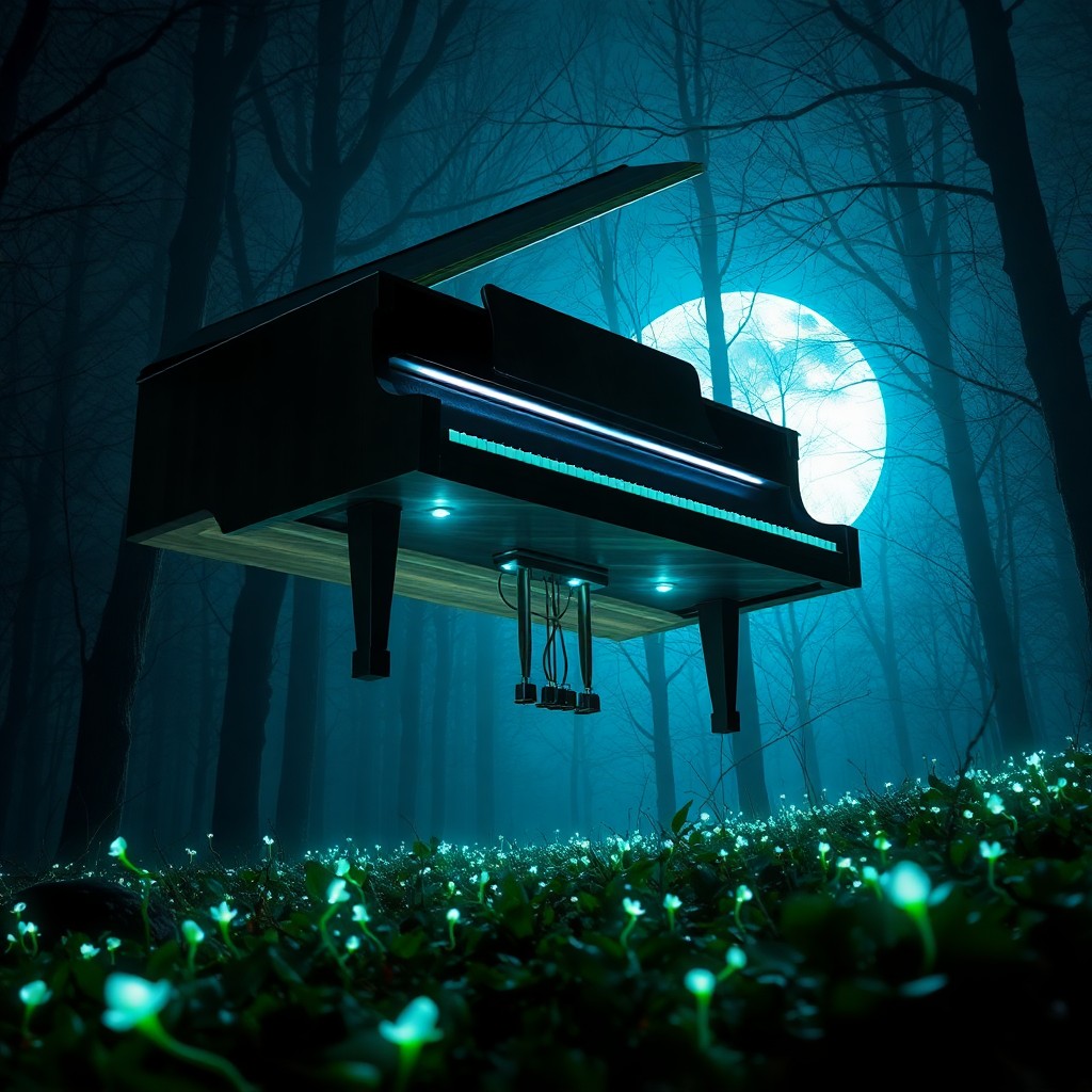 AI generated art for prompt: Visualize a surreal dreamscape where a grand piano levitates above the ground in a moonlit forest gl