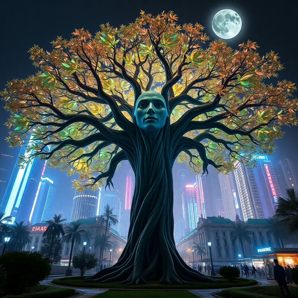 AI generated art for prompt: A surreal digital artwork depicts an anthropomorphic tree with a human-like face, its branches exten