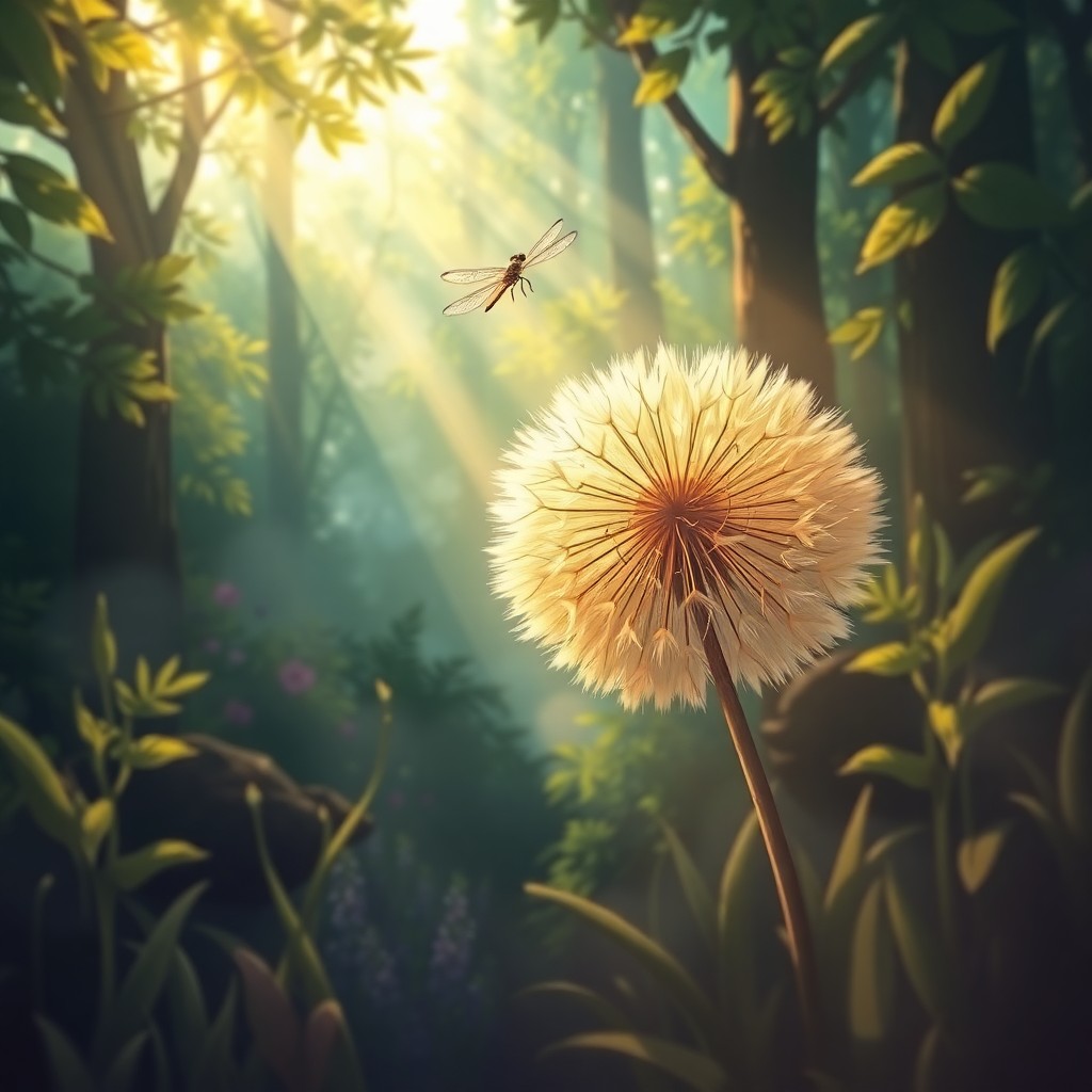 AI generated art for prompt: A whimsical fairy tale illustration captures a magical forest scene from an elevated 'bug's-eye view