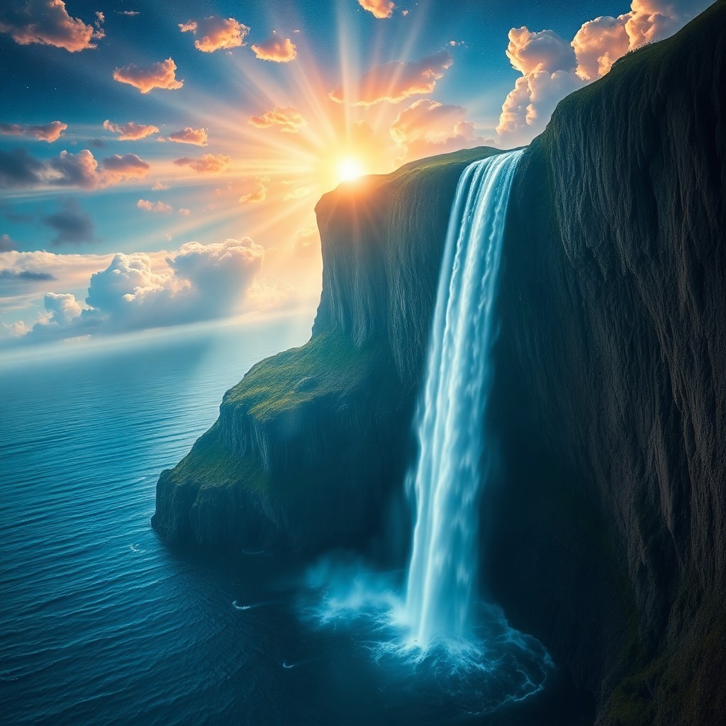 AI generated art for prompt: Visualize an awe-inspiring aerial view of a fantastical seascape where a monumental waterfall tumble