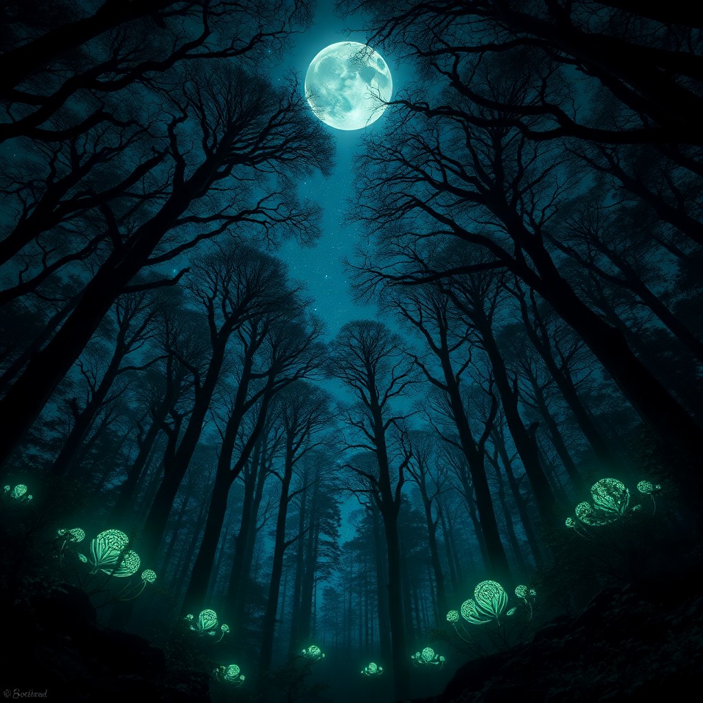 AI generated art for prompt: A mesmerizing digital artwork captures the essence of an enchanting moonlit forest scene, masterfull