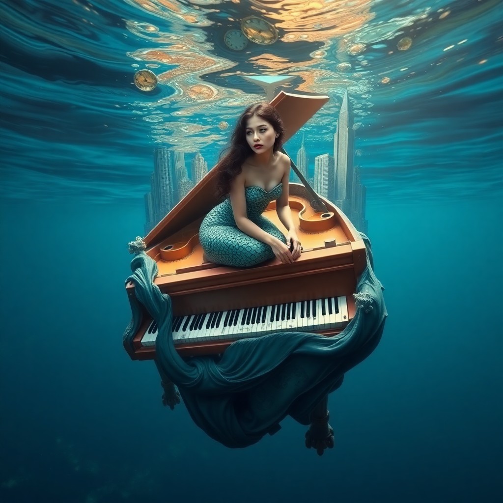 AI generated art for prompt: A surreal portrait depicting a contemplative mermaid perched atop an inverted grand piano submerged 