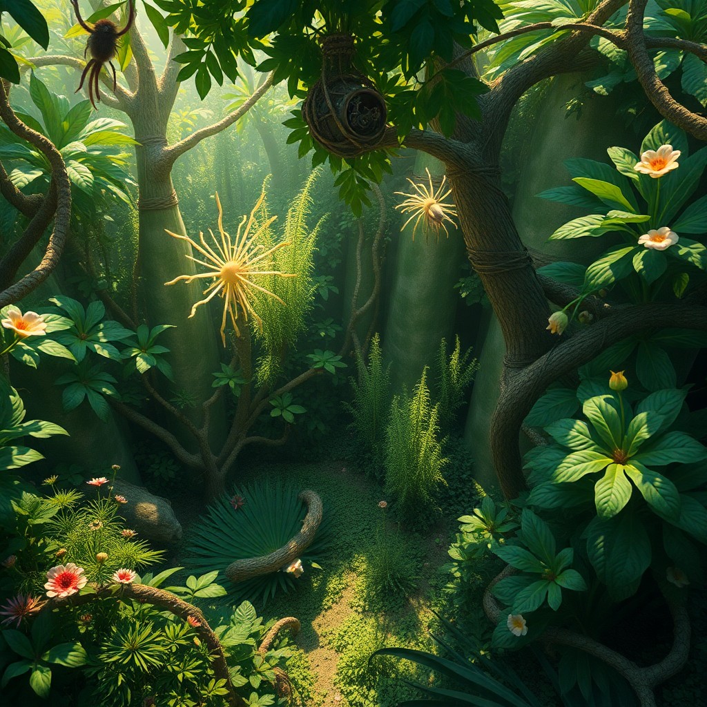 AI generated art for prompt: In the vein of surreal landscapes, envision an enchanting birds-eye view of a lush, overgrown garden