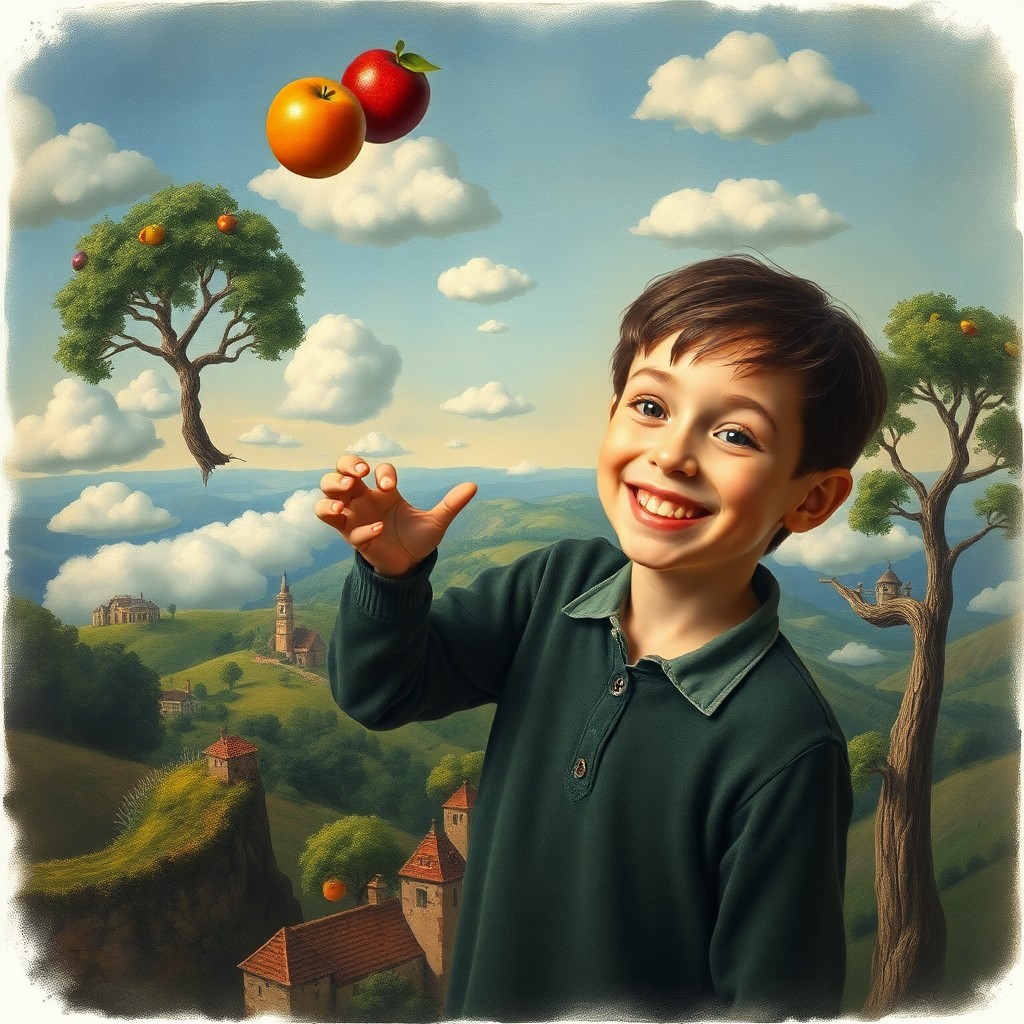 AI generated art for prompt: A surrealistic portrait depicting a young boy with a playful grin as he skillfully juggles levitatin