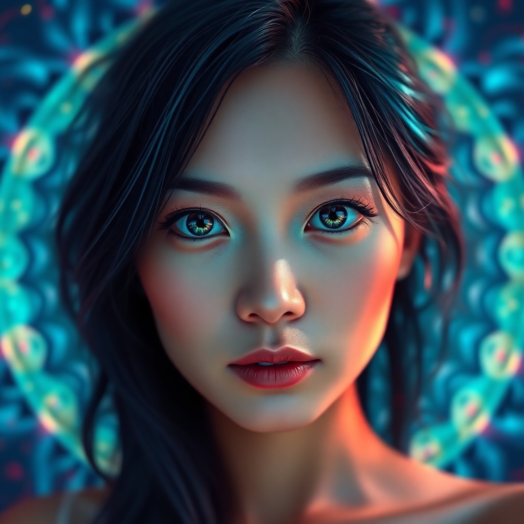 AI generated art for prompt: A digital art portrait captures a Japanese-American woman with dark hair interwoven with brilliant t