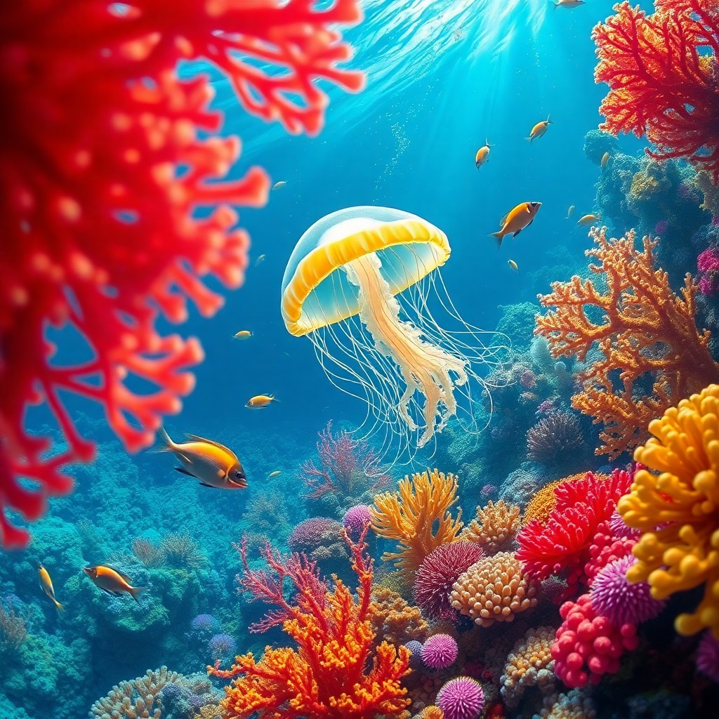 AI generated art for prompt: A captivating underwater scene captures the essence of biophilic illustrations, depicting a vibrant 