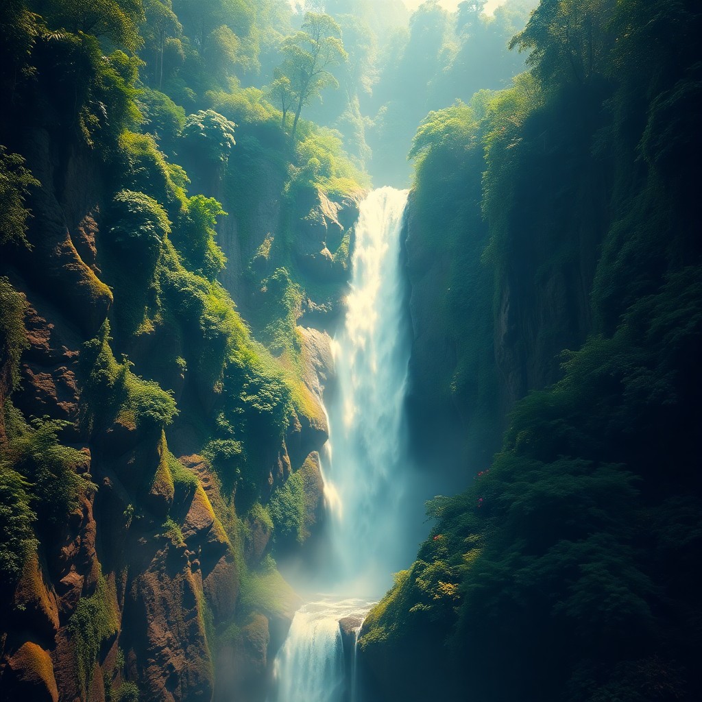 AI generated art for prompt: A mesmerizing digital art composition depicting an overhead view of a breathtaking waterfall tumblin