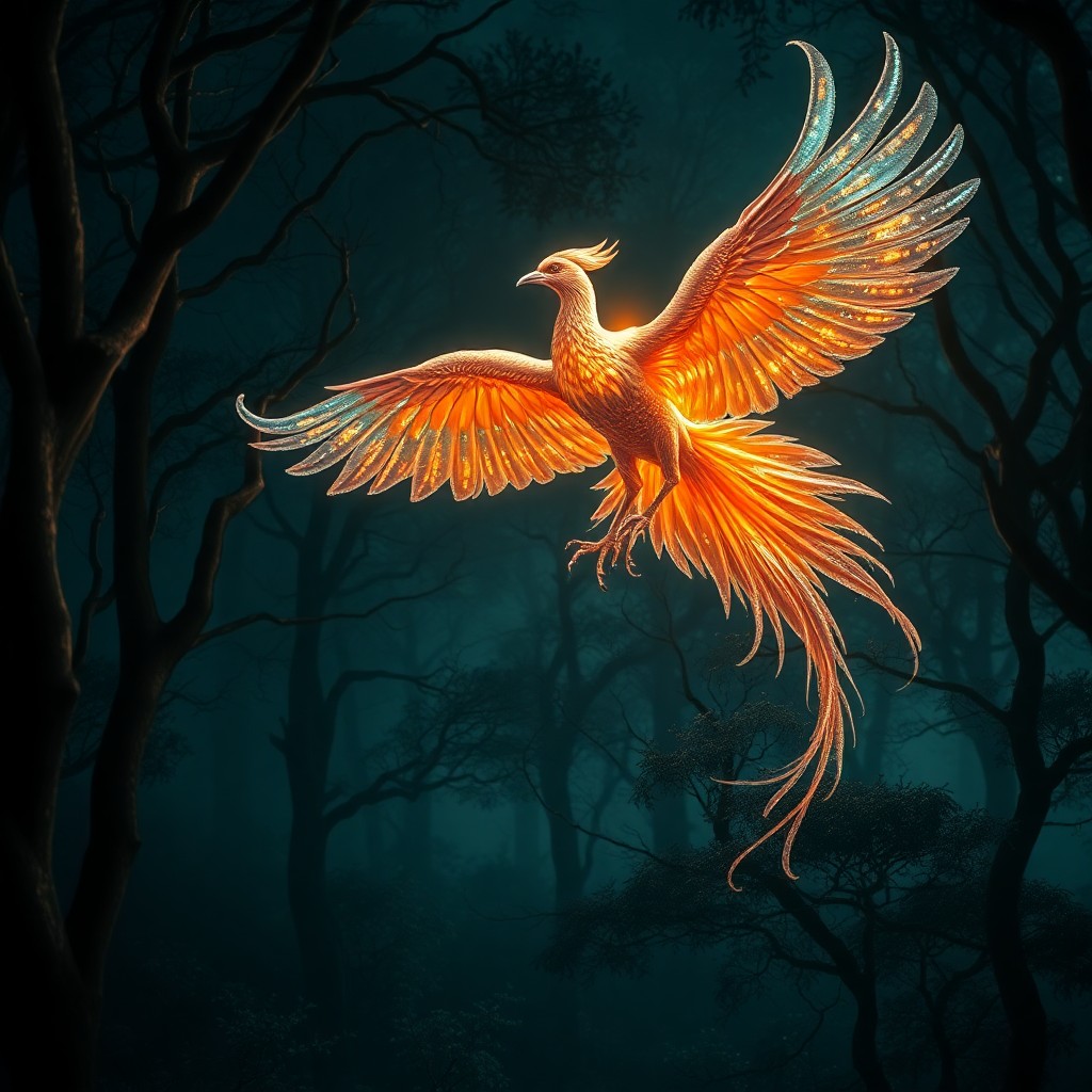 AI generated art for prompt: A surreal dreamscape featuring an ethereal phoenix suspended in mid-flight above a mystical primordi