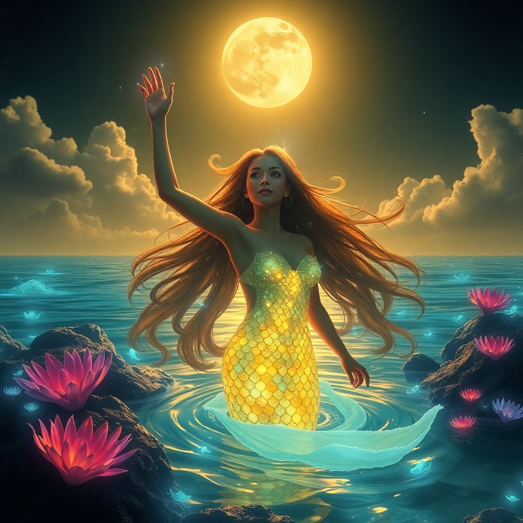 AI generated art for prompt: A captivating digital artwork showcases an enchanting mermaid gracefully surfacing from pristine wat