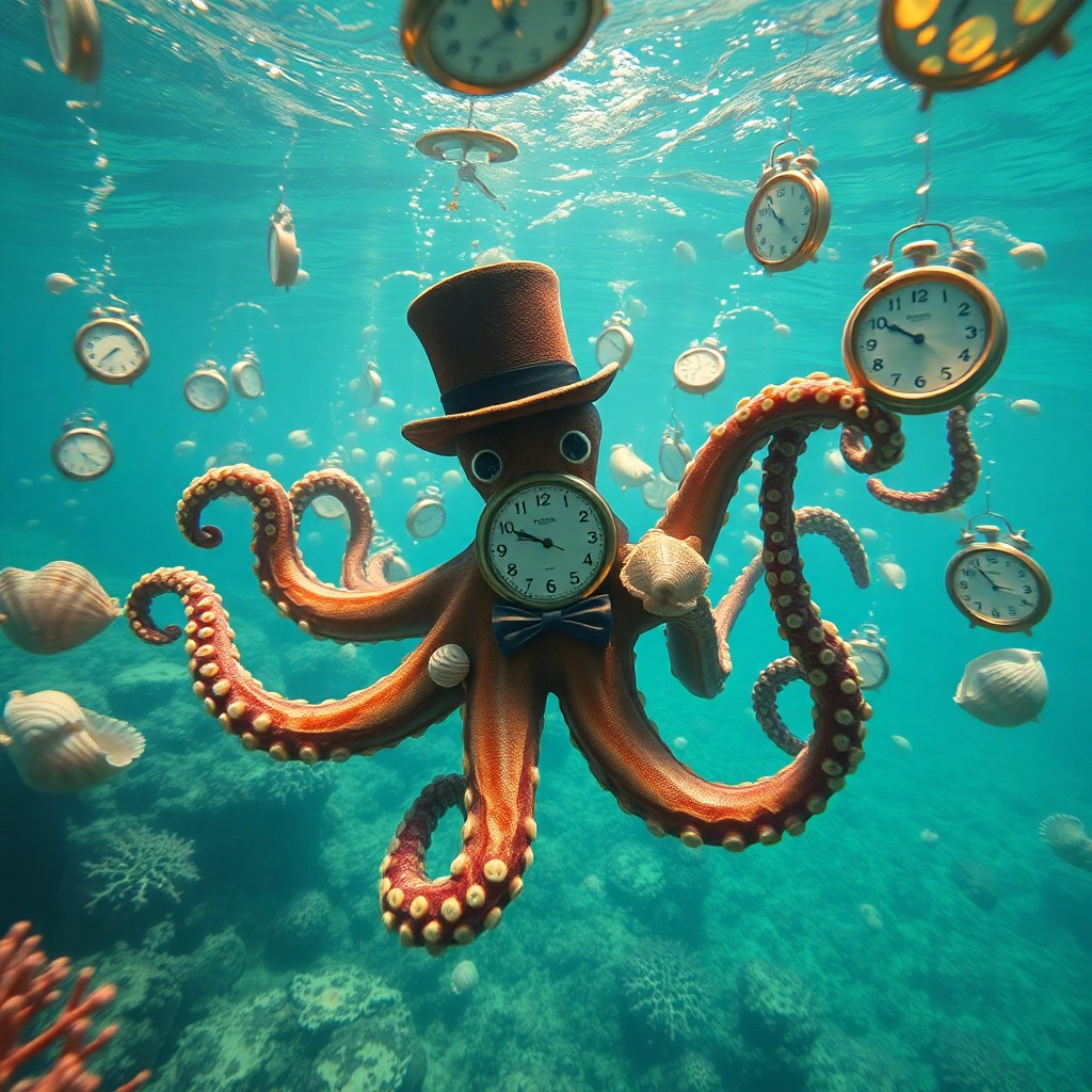 AI generated art for prompt: An underwater scene unveils an enchanting aquatic domain where an octopus adorned in a weathered top