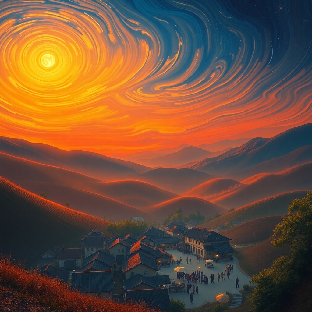 AI generated art for prompt: Imagine a captivating sunset landscape reminiscent of the mesmerizing atmosphere found in "The Starr