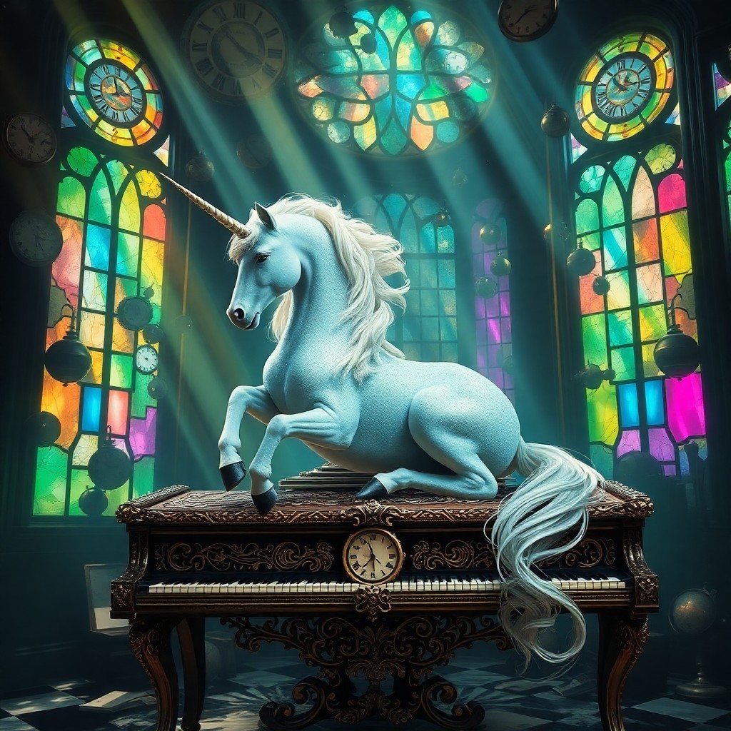 AI generated art for prompt: A captivating scene emerges, reminiscent of surrealistic artistry, where an elegant unicorn graceful