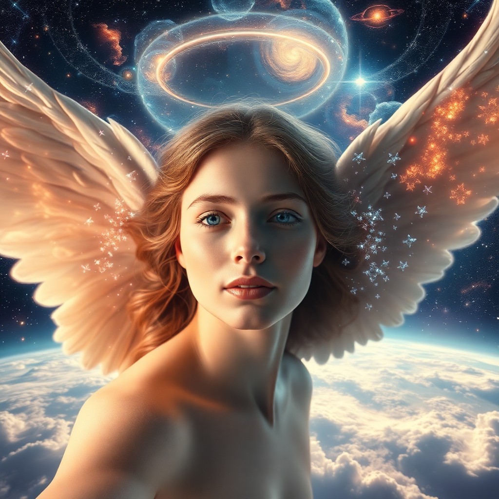 AI generated art for prompt: Envision an alluring portrait revealing a serene angel with sparkling, iridescent wings suspended in