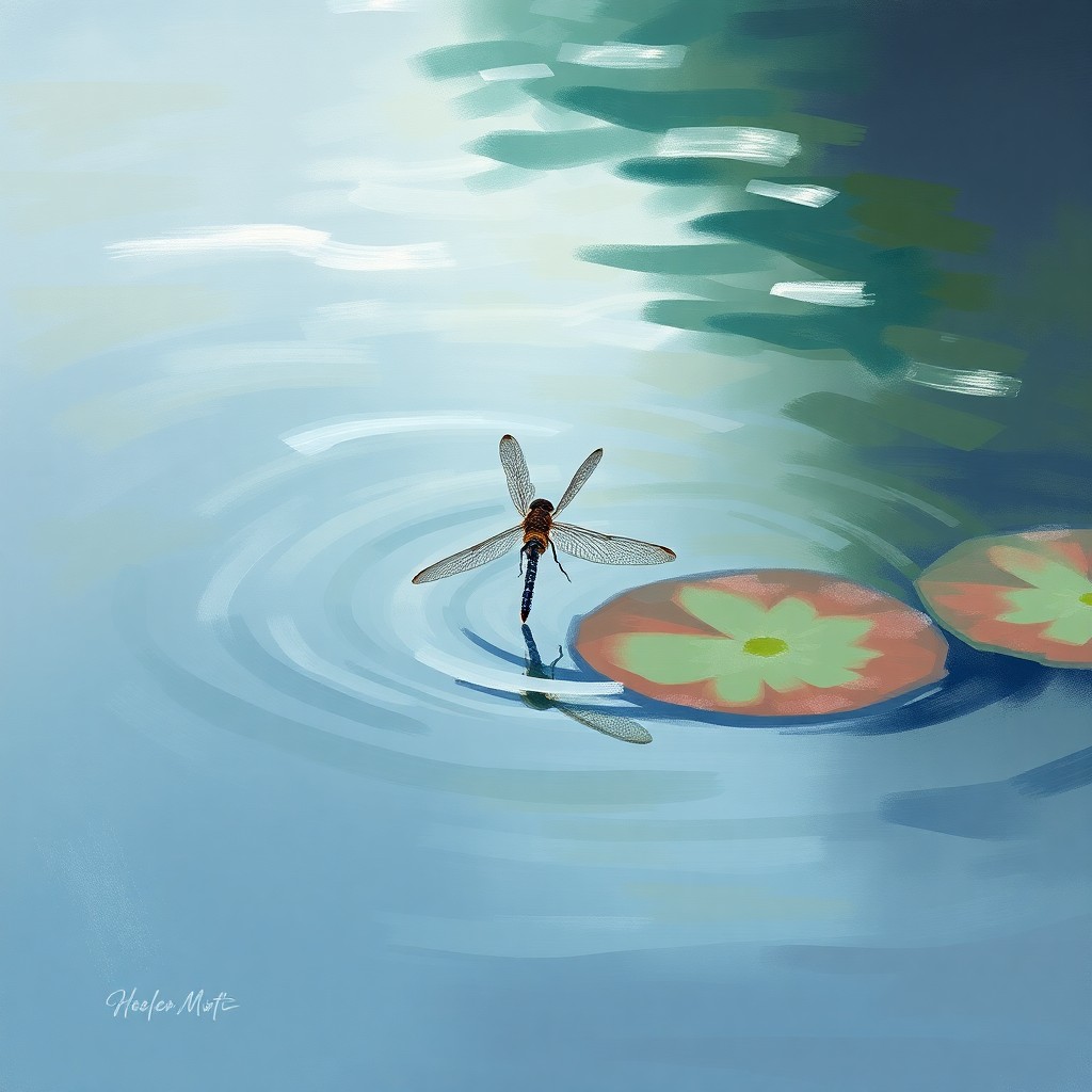 AI generated art for prompt: Craft an impressionistic scene showcasing a dragonfly in close proximity to the undulating surface o