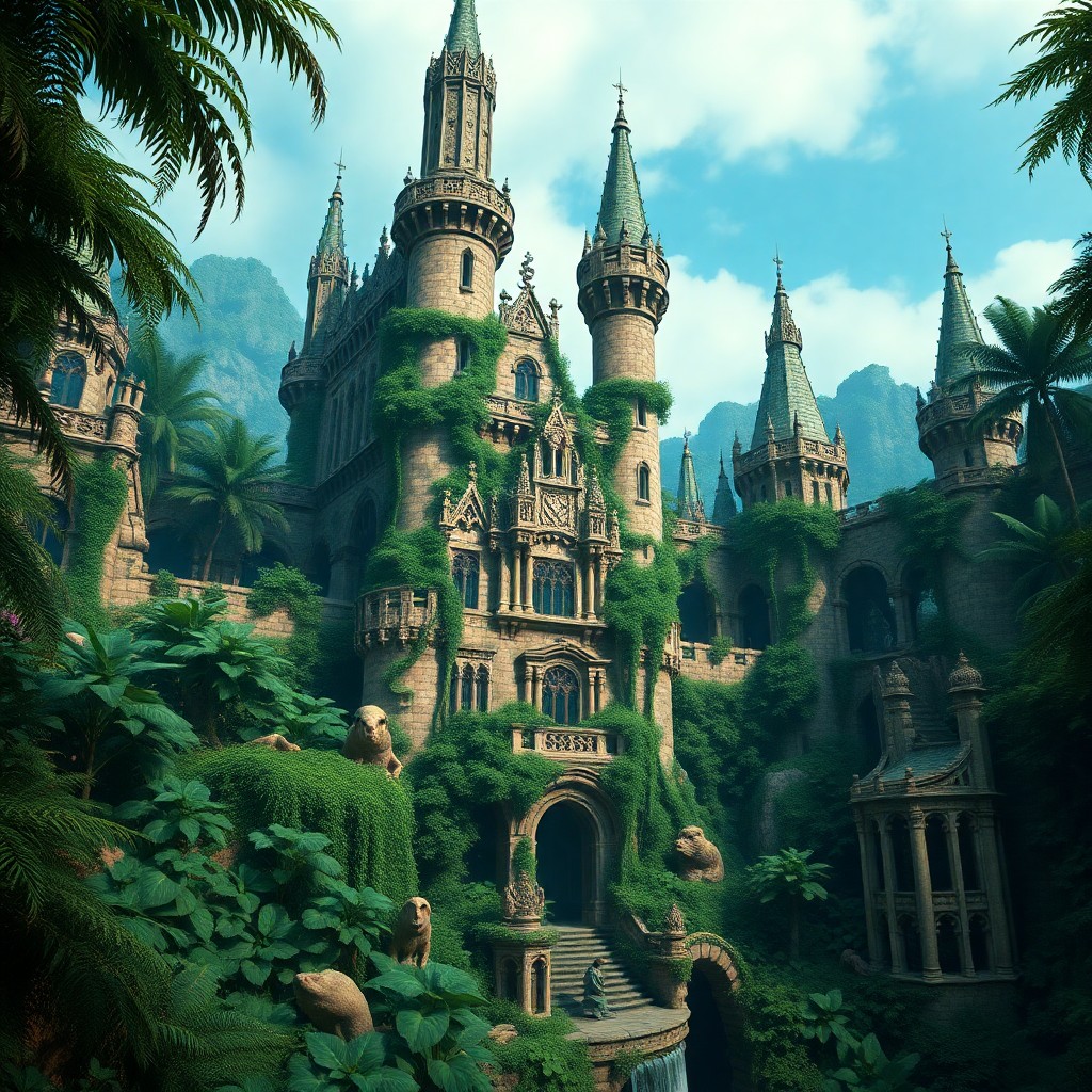 AI generated art for prompt: An immersive digital artwork depicting an opulent medieval castle integrated within a vibrant jungle