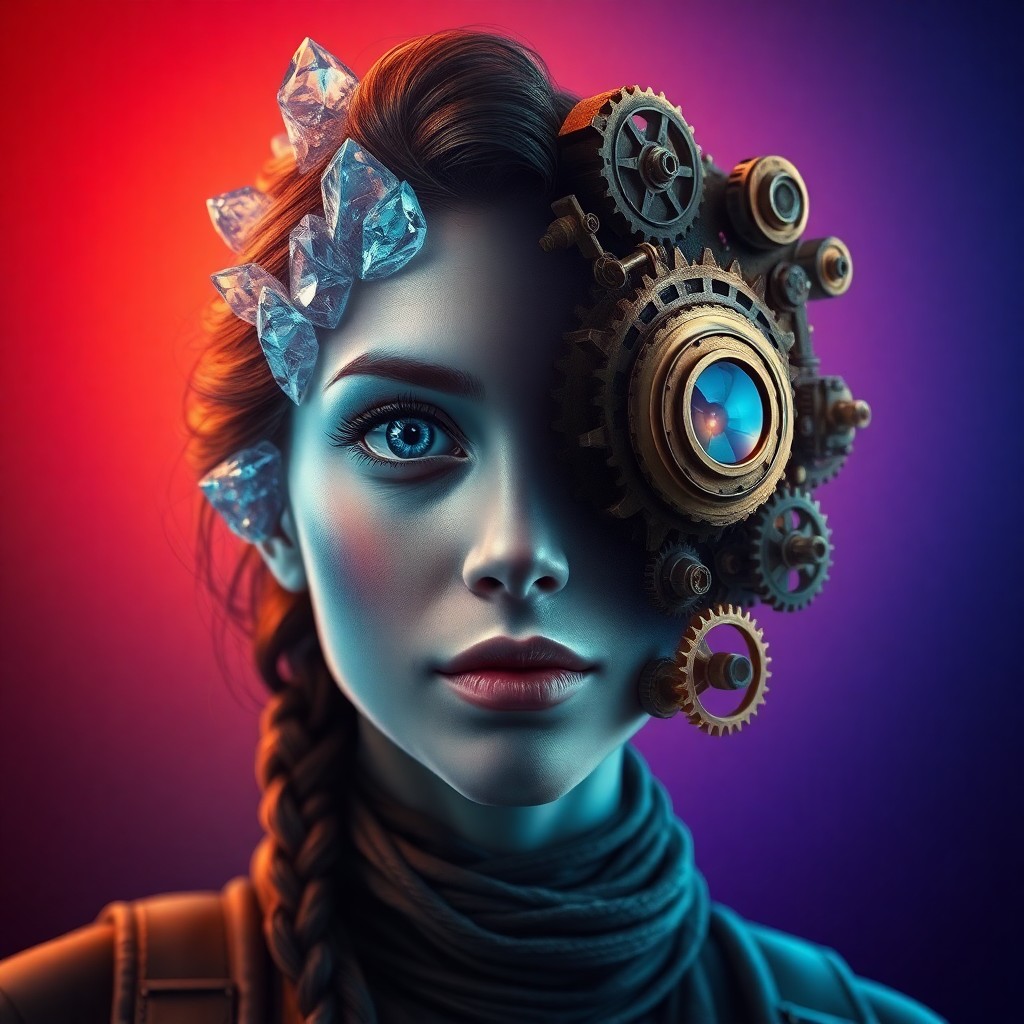 AI generated art for prompt: A digital art portrait depicts a time-traveling archaeologist set against a gradient backdrop of vib