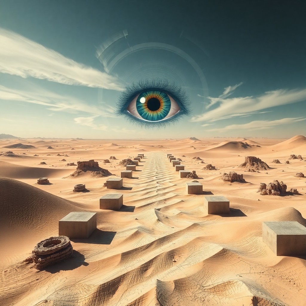 AI generated art for prompt: A surreal desert landscape featuring distorted geometric patterns under an all-encompassing gaze fro