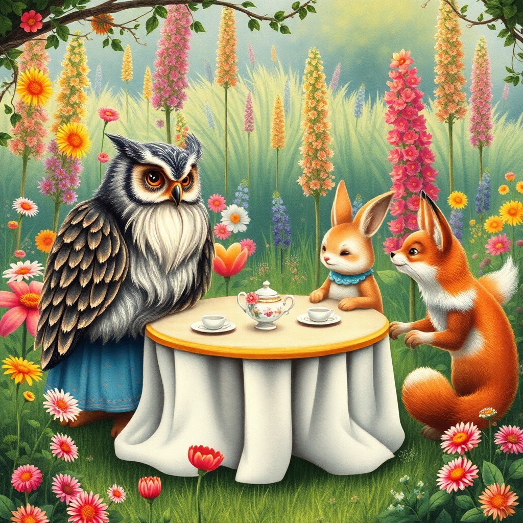 AI generated art for prompt: Craft an enchanting vintage children's storybook illustration depicting a whimsical tea party scene 